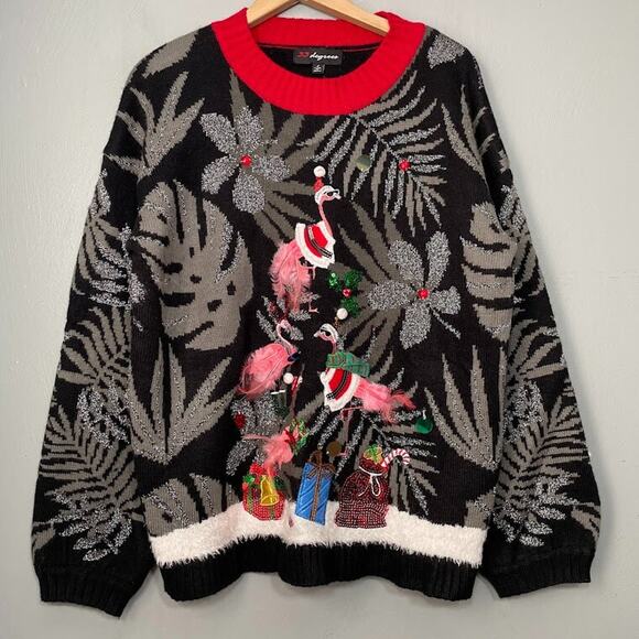 33 Degrees Size Large Flamingo Ugly Christmas Sweater Embellished Pink Feathers - Picture 1 of 10